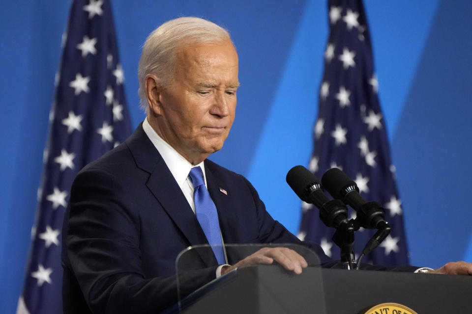 President Joe Biden pauses as he speaks at a news conference Thursday July 11, 2024, on the final day of the NATO summit in Washington. (AP Photo/Jacquelyn Martin)