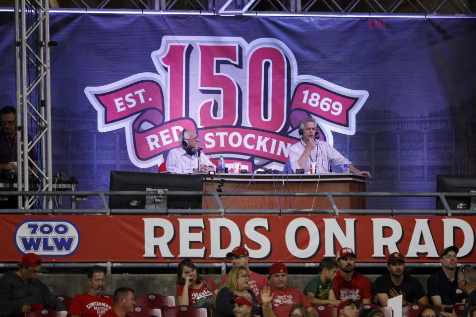 CINCINNATI, OH - SEPTEMBER 25: Cincinnati Reds radio broadcaster Marty Brennaman and his son Thom Brennaman call the game against the Milwaukee Brewers from the lower seating level at Great American Ball Park on September 25, 2019 in Cincinnati, Ohio. (Photo by Joe Robbins/Getty Images)