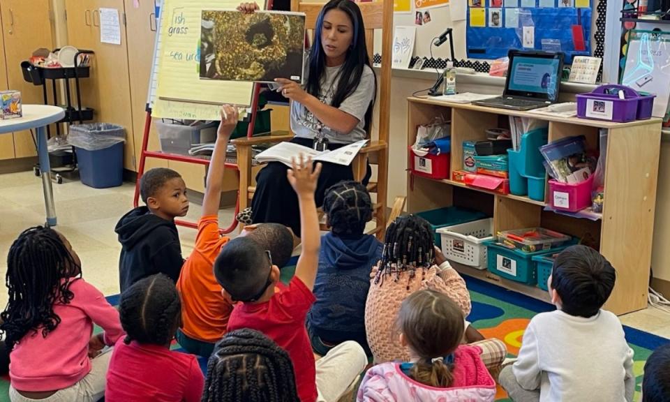 Ms. Keisha Payton discusses ocean habitats with an animated pre-K class at Bester Elementary. (Courtesy of the Knowledge Matters Campaign)