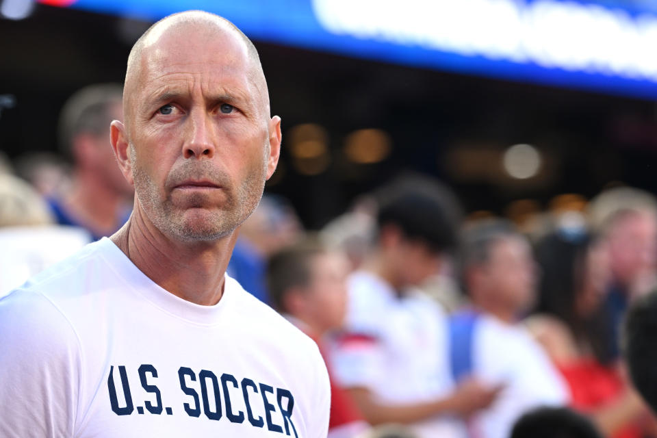 KANSAS CITY, MISSOURI - JULY 01: Gregg Berhalter, Head Coach of United States looks on during the CONMEBOL Copa America 2024 Group C match between United States and Uruguay at GEHA Field at Arrowhead Stadium on July 01, 2024 in Kansas City, Missouri. (Photo by Shaun Clark/Getty Images)