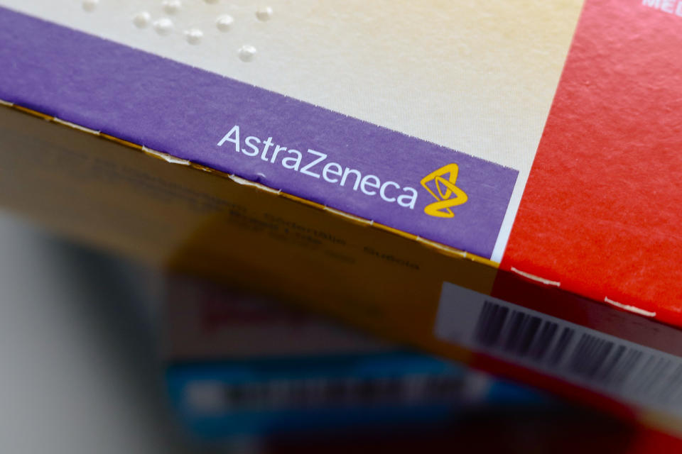 PARAGUAY - 2024/07/11: In this photo illustration, the AstraZeneca logo is seen on the box of the SeloZok medicine, used to treat high blood pressure. (Photo Illustration by Jaque Silva/SOPA Images/LightRocket via Getty Images)