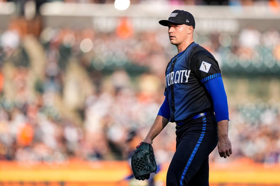 Detroit Tigers pitcher Tarik Skubal (29) walks off the mound after pitching against L. A. Dodgers during the second inning at Comerica Park in Detroit on Friday, July 12, 2024.