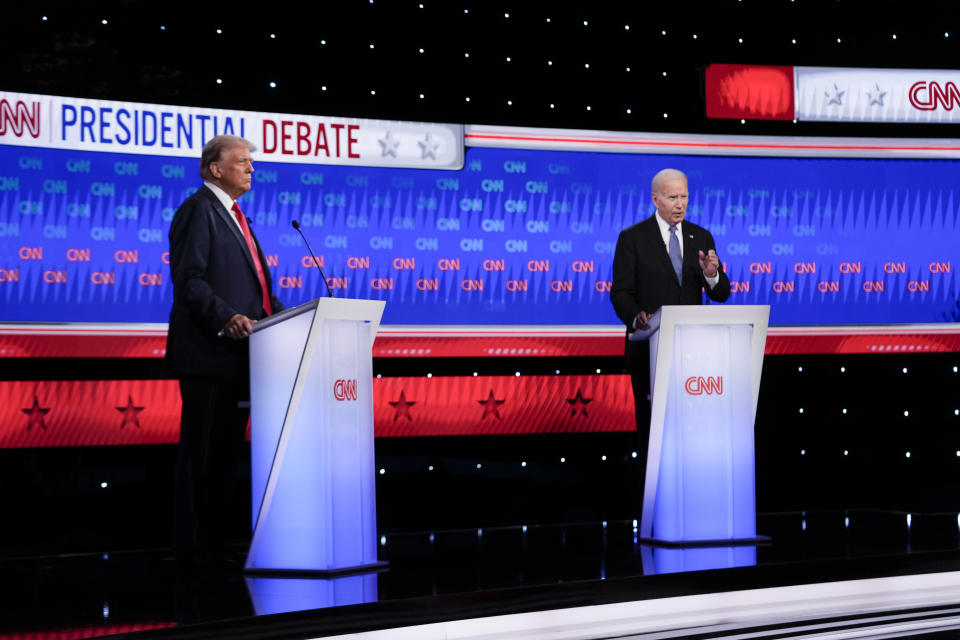 President Joe Biden, right, and Republican presidential candidate former President Donald Trump, left, during a presidential debate hosted by CNN, Thursday, June 27, 2024, in Atlanta. (AP Photo/Gerald Herbert)