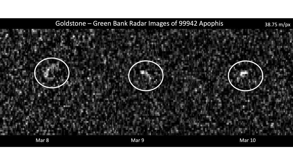 These images represent radar observations of Apophis on March 8, 9 and 10, 2021, as it made its last close approach before its 2029 Earth encounter. The data ruled out any chance of Earth impact for at least a century. - NSF/AUI/GBO/JPL-Caltech/NASA