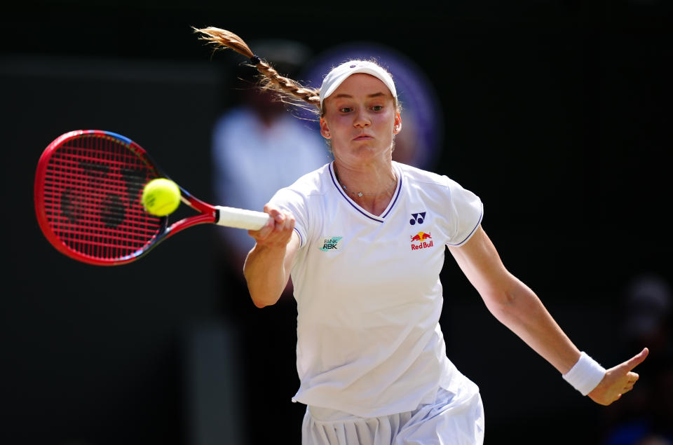 Elena Rybakina in action against Elina Svitolina on day ten of the 2024 Wimbledon Championships at the All England Lawn Tennis and Croquet Club, London. Picture date: Wednesday July 10, 2024. (Photo by Mike Egerton/PA Images via Getty Images)