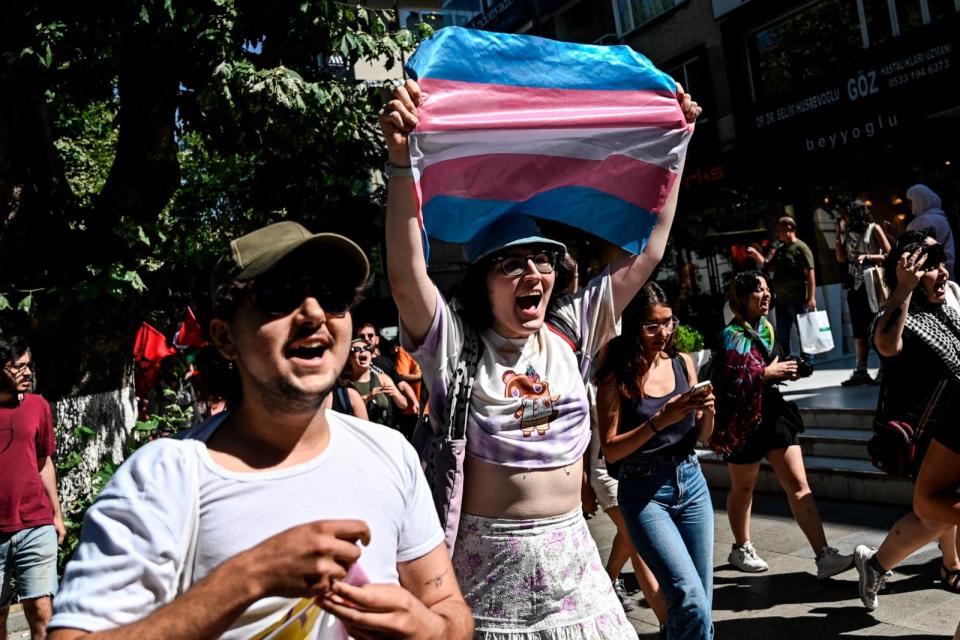 PHOTO: A participant holds up a transgender flag during the LGBT Pride March in the Kadikoy district to celebrate the Pride Month, June 30, 2024, in Istanbul. (Kemal Aslan/AFP via Getty Images)