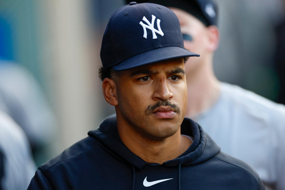 ANAHEIM, CALIFORNIA - MAY 28: Trent Grisham #12 of the New York Yankees walks through the dugout prior to a game against the Los Angeles Angels at Angel Stadium of Anaheim on May 28, 2024 in Anaheim, California. (Photo by Brandon Sloter/Getty Images)