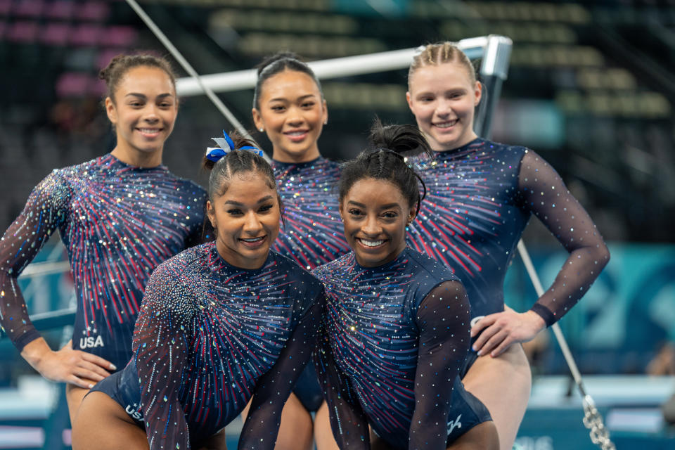 PARIS, FRANCE - JULY 25: United States women's gymnastics team participate in the podium training at the Bercy Arena, prior to the Paris 2024 Olympic Games, in Paris, France on July 25, 2024. (Photo by Aytac Unal/Anadolu via Getty Images)