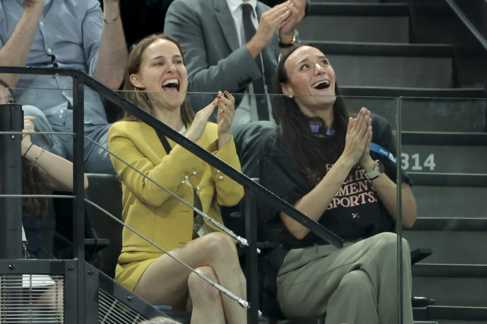 PARIS, FRANCE - JULY 30: Natalie Portman (L) attends the Artistic Gymnastics Women's Team Final during day four of the Paris 2024 Olympic Games at the Paris Arena on July 30, 2024 in Paris, France. (Photo by Jean Catuffe/Getty Images)