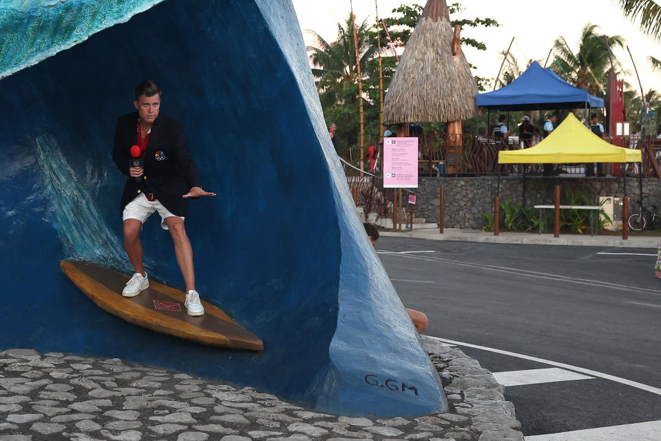 TEAHUPO'O, FRENCH POLYNESIA - JULY 28: TEAHUPO'O, FRENCH POLYNESIA - JULY 28: American actor and screenwriter Colin Jost films a segment as he covers Olympic Surfing in Tahiti for NBC  on July 28, 2024 in Teahupo'o, French Polynesia. (Photo by Sean M. Haffey/Getty Images)