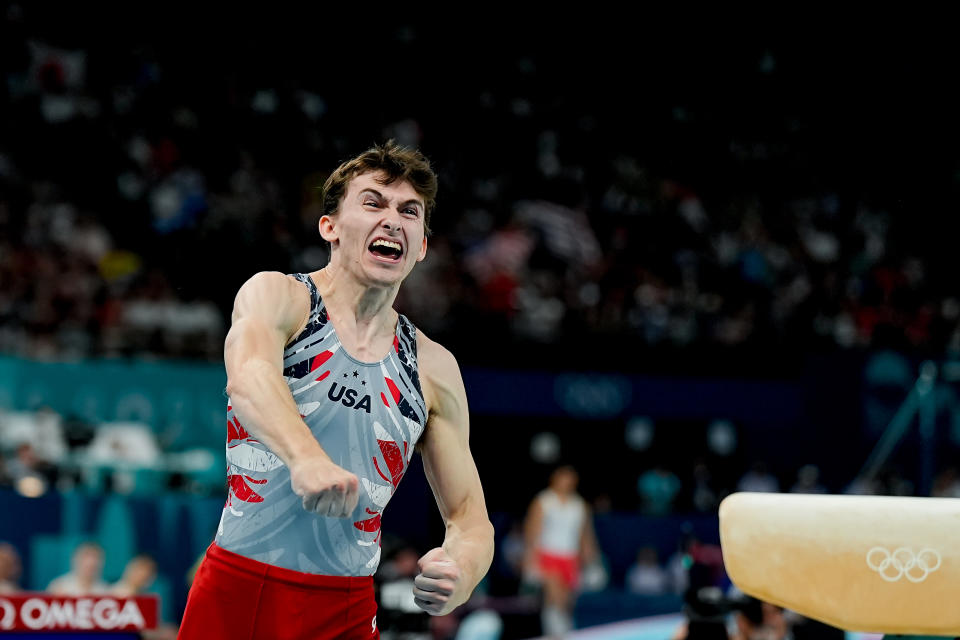 Stephen Nedoroscik celebrates his performance on pommel horse during the men's artistic gymnastics team final on day three of the 2024 Paris Olympics on July 29.