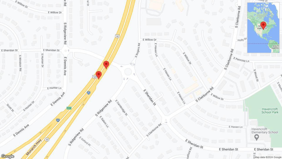 A detailed map that shows the affected road due to 'Broken down vehicle on eastbound I-35 in Olathe' on August 2nd at 9:41 p.m.