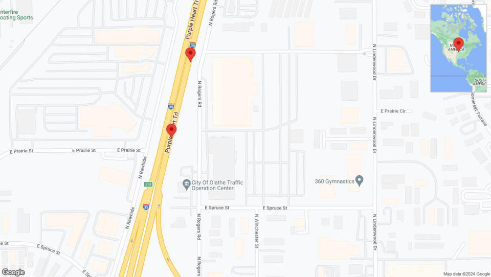 A detailed map that shows the affected road due to 'Broken down vehicle on eastbound I-35 in Olathe' on August 2nd at 7:59 p.m.