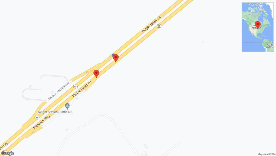 A detailed map that shows the affected road due to 'Broken down vehicle on eastbound I-35 in Olathe' on August 2nd at 5:24 p.m.