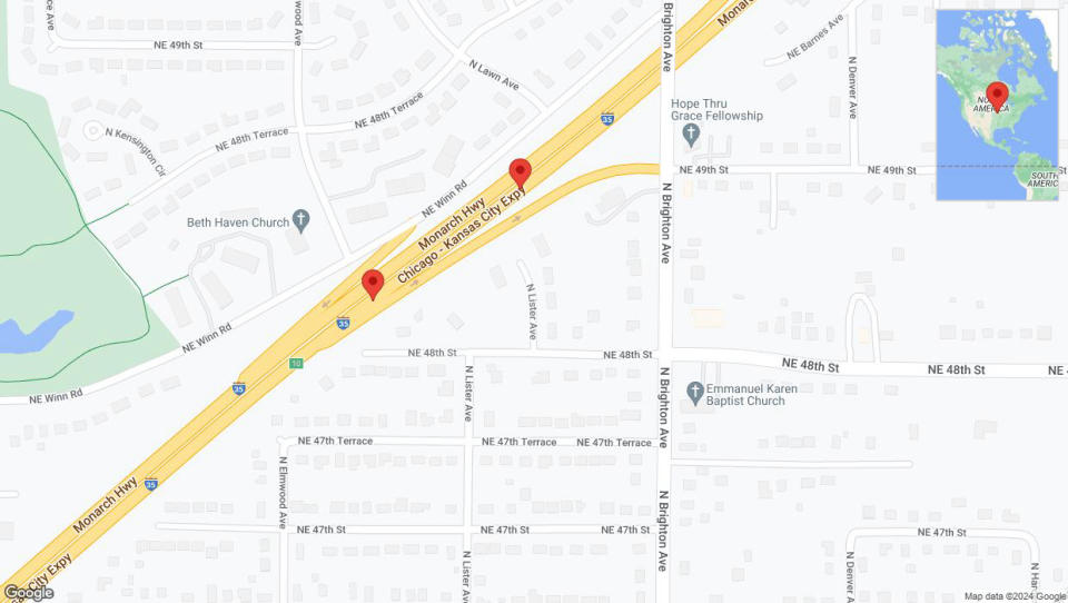 A detailed map that shows the affected road due to 'Broken down vehicle on northbound I-35 in Kansas City' on August 2nd at 12:30 p.m.