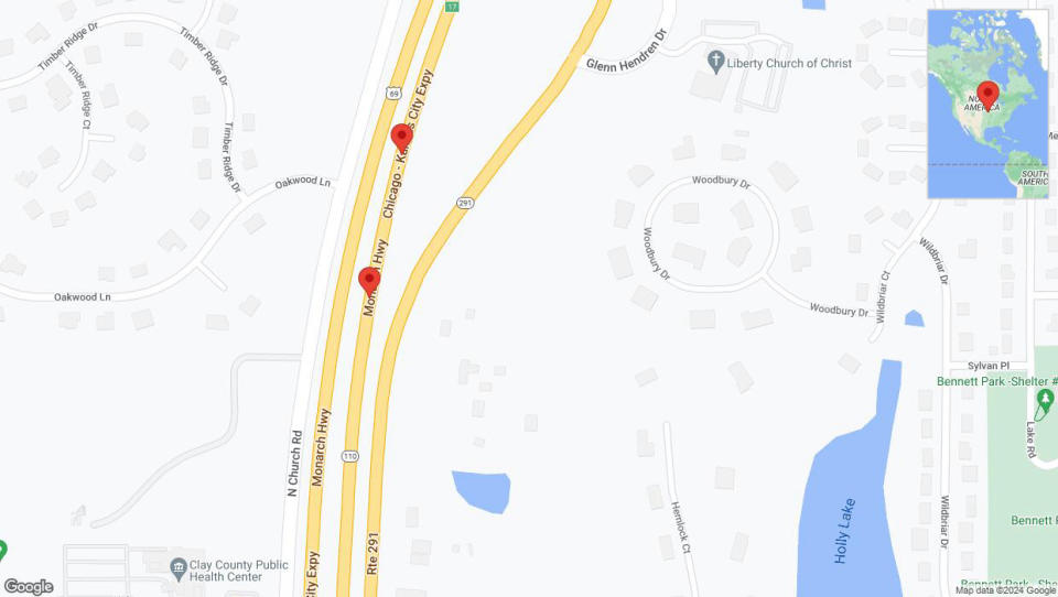 A detailed map that shows the affected road due to 'Broken down vehicle on northbound I-35 in Liberty' on August 2nd at 2:40 p.m.