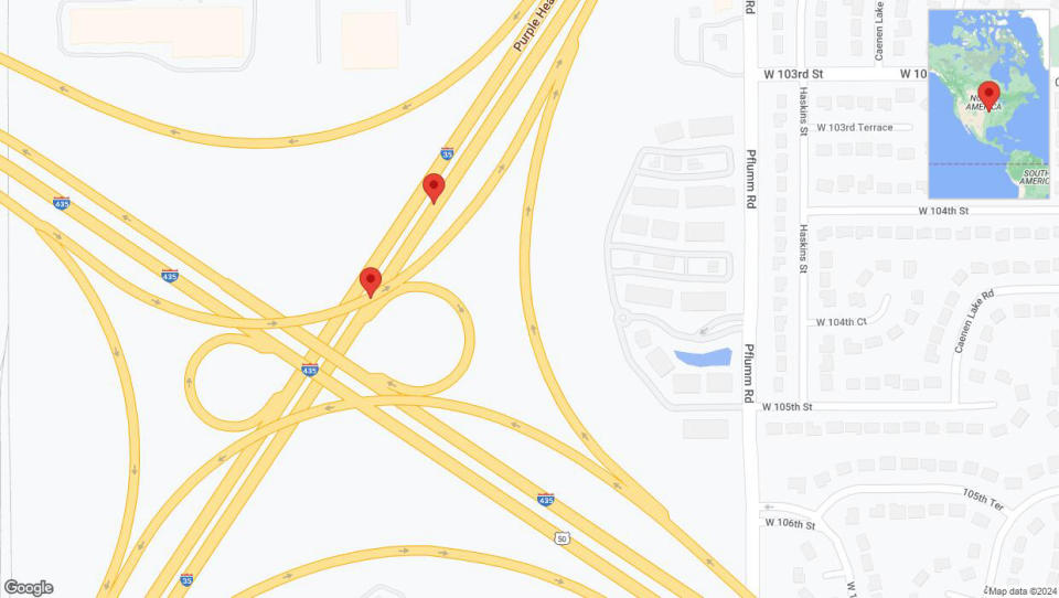 A detailed map that shows the affected road due to 'Warning: Crash on eastbound I-35 in Lenexa' on August 2nd at 3:38 p.m.