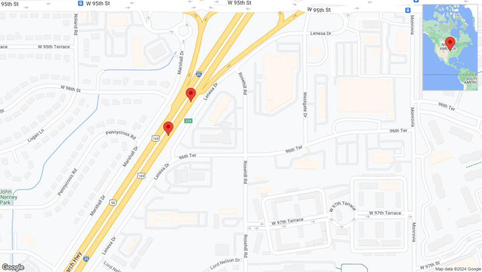 A detailed map that shows the affected road due to 'Broken down vehicle on eastbound I-35 in Lenexa' on August 2nd at 3:27 p.m.