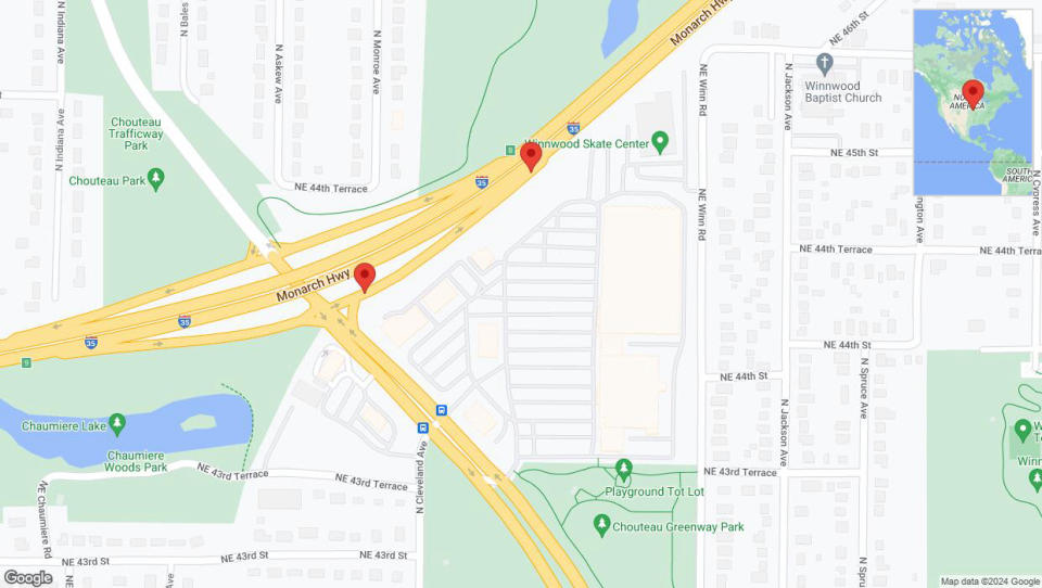 A detailed map that shows the affected road due to 'Broken down vehicle on Chouteau Trafficway in Kansas City' on August 2nd at 12:59 p.m.