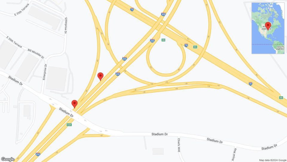 A detailed map that shows the affected road due to 'Broken down vehicle on southbound I-435 in Kansas City' on August 2nd at 3:10 p.m.