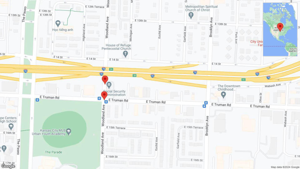 A detailed map that shows the affected road due to 'East Truman Road closed in Kansas City' on August 2nd at 3:04 p.m.