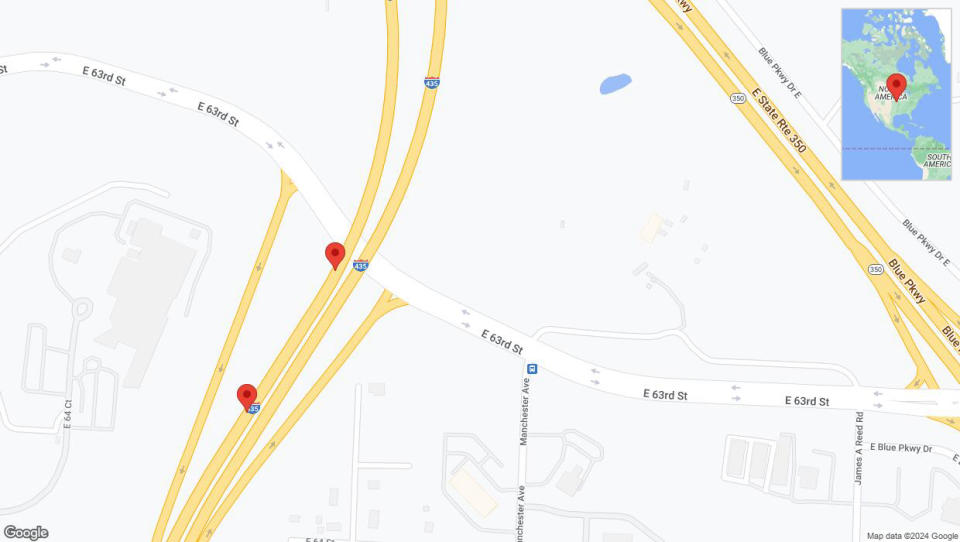 A detailed map that shows the affected road due to 'Broken down vehicle on southbound I-435 in Kansas City' on August 2nd at 3:44 p.m.