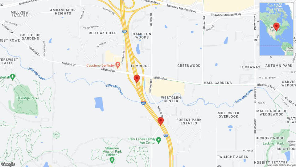 A detailed map that shows the affected road due to 'Lane on I-435 closed in Shawnee' on August 2nd at 6:30 p.m.