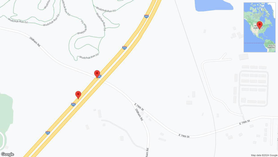 A detailed map that shows the affected road due to 'Broken down vehicle on southbound I-435 in Kansas City' on August 2nd at 2:16 p.m.