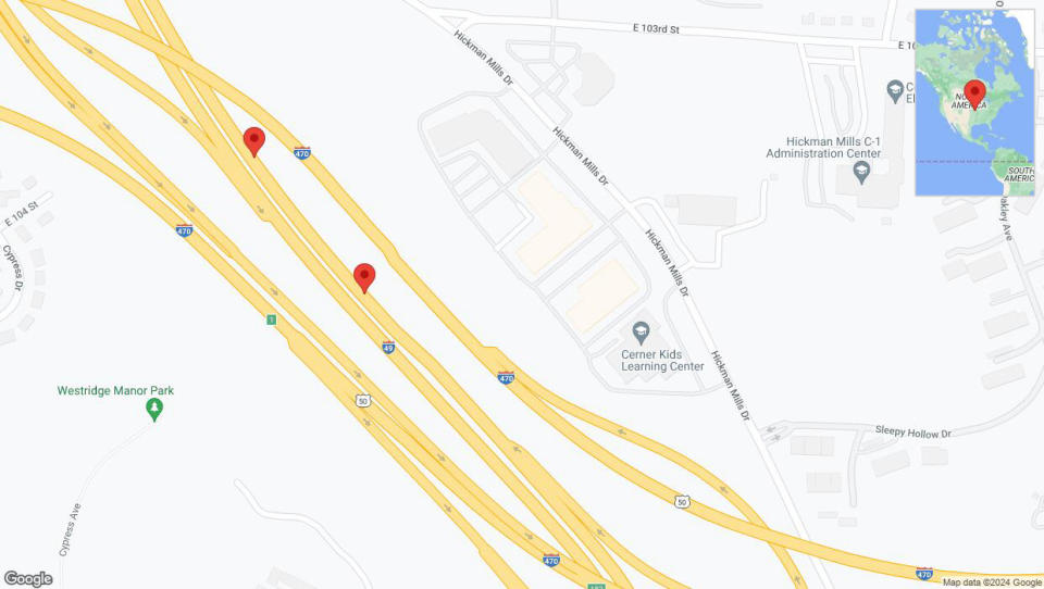 A detailed map that shows the affected road due to 'Warning: Crash on northbound I-40/US-71 in Kansas City' on August 2nd at 6:11 p.m.