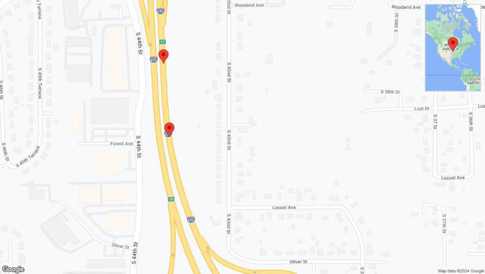 A detailed map that shows the affected road due to 'Crash report: I-635' on August 2nd at 5:43 p.m.