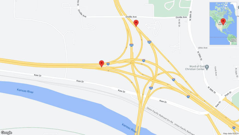 A detailed map that shows the affected road due to 'Kansas City: Kaw Drive Frontage Road closed' on August 2nd at 11:23 p.m.