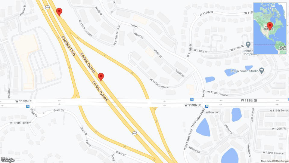 A detailed map that shows the affected road due to 'Broken down vehicle on northbound US-69 in Overland Park' on August 2nd at 3:32 p.m.