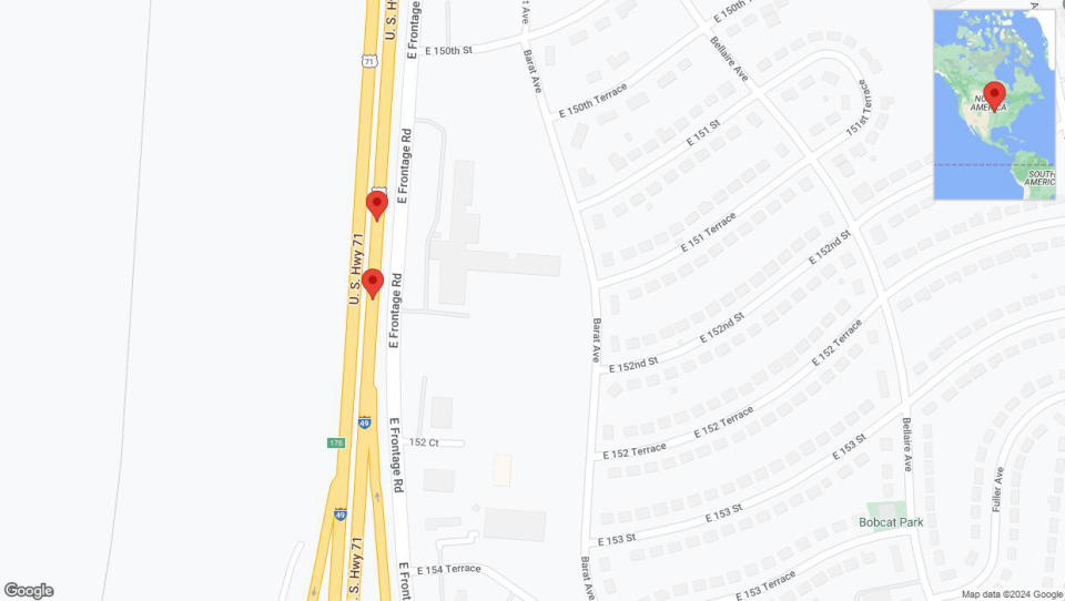 A detailed map that shows the affected road due to 'Warning: Crash on northbound I-40/US-71 in Grandview' on August 2nd at 6:59 p.m.