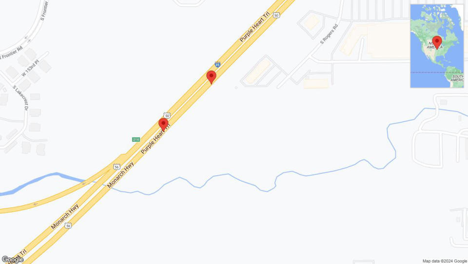 A detailed map that shows the affected road due to 'Broken down vehicle on eastbound I-35 in Olathe' on August 2nd at 2:16 p.m.