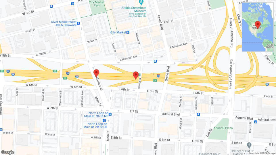 A detailed map that shows the affected road due to 'Broken down vehicle on eastbound I-70/I-35 in Kansas City' on August 2nd at 5:59 p.m.