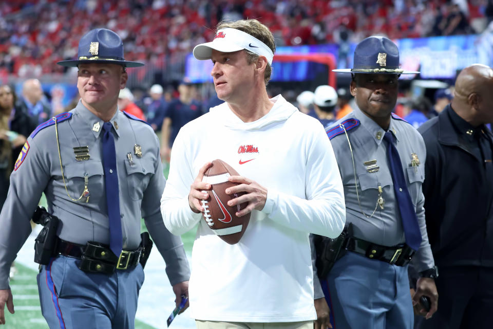 ATLANTA, GA - DECEMBER 30: Ole Miss Rebels head coach Lane Kiffin during the Chick-fil-A Peach Bowl between the Penn State Nittany Lions and the Mississippi Rebels on December 30, 2023 at Mercedes-Benz Stadium in Atlanta, Georgia.  (Photo by Michael Wade/Icon Sportswire via Getty Images)