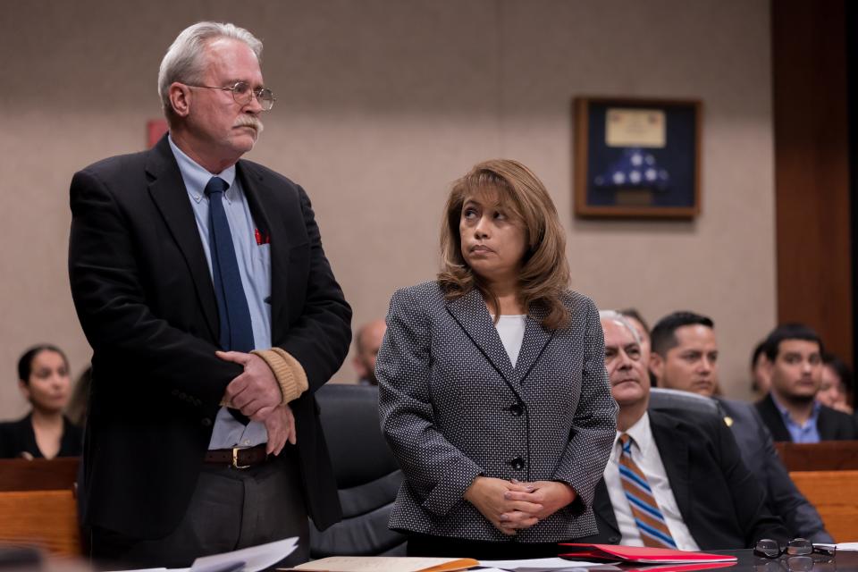 El Paso District Attorney Yvonne Rosales prepares to testify but invokes the Fifth Amendment right as she appears in court on Thursday, Dec. 1, 2022, on violations of the July gag order issued in the Walmart mass shooting case.