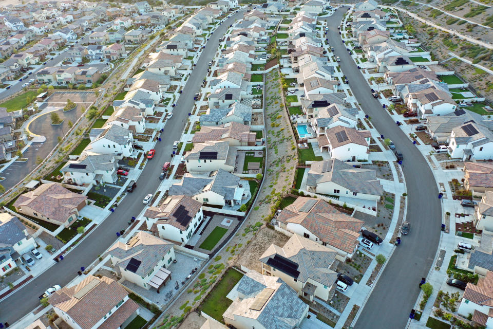 SANTA CLARITA, CALIFORNIA - SEPTEMBER 08: An aerial view of homes in a housing development on September 08, 2023 in Santa Clarita, California. According to the National Association of Realtors, the median existing-home sale price in the U.S. increased 1.9 percent in July following five straight months of declines, which was the longest stretch of declines in 11 years, amid high interest rates. (Photo by Mario Tama/Getty Images)