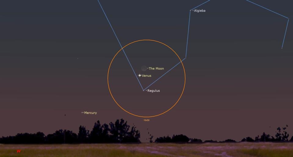  The ouline of a large orange circle hangs in a hazy blue pink sky above a low, grassy horizon. In the circle, a faint orb is labeled The Moon, and a bright point labeled Venus. Blue lines trace faint stars to show a constellation, crossing in and out of the circle at the top left and right, respectively. 