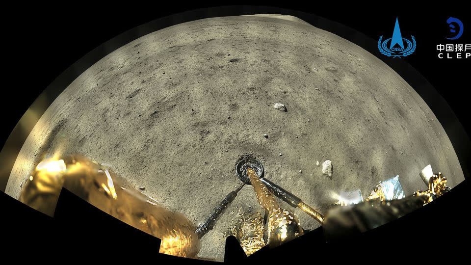 An image taken by the panoramic camera aboard the lander-ascender combination of Chang'e-5 shows the moon's surface after the probe's landing. - China National Space Administration/Xinhua/AP/File