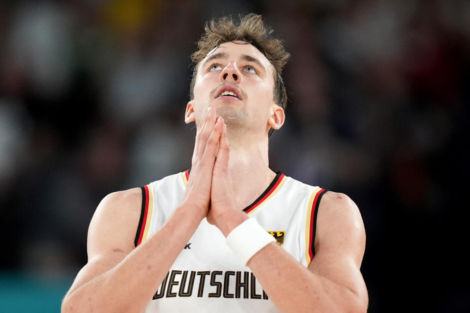 06 August 2024, France, Paris: Olympics, Paris 2024, basketball, Germany - Greece, final round, quarter-finals, Germany's Franz Wagner gesticulates. Photo: Marcus Brandt/dpa (Photo by Marcus Brandt/picture alliance via Getty Images)