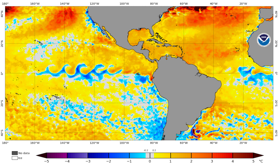 A map showing warming than normal sea surface temperatures in the Atlantic and Gulf of Mexico.