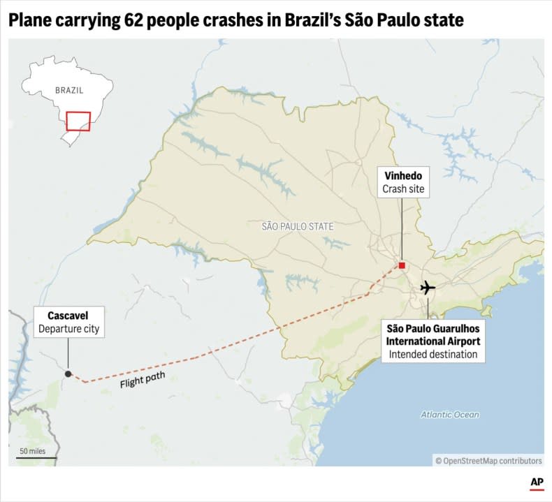 Locator map showing the departure, destination and crash sites of a Brazilian commercial airplane that crashed on Friday Aug. 9, 2024. (AP Digital Embed)