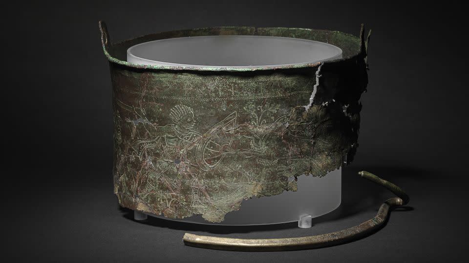 The bucket is seen on display at Sutton Hoo's High Hall exhibition. The newly discovered pieces will be incorporated in the exhibit at a later date. - David Brunetti/National Trust Images