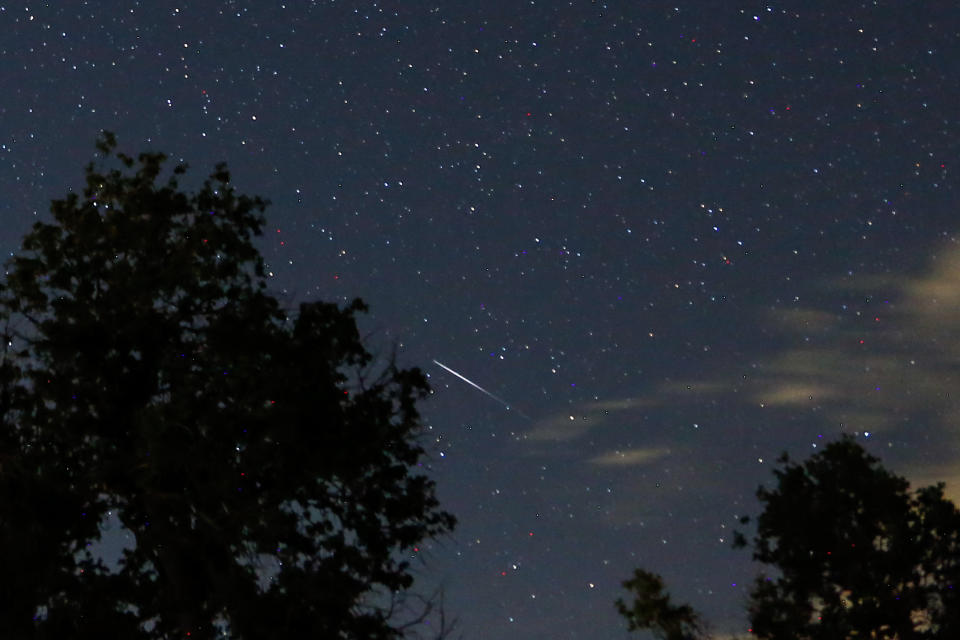 A meteor streaks across the night sky over the Lick Observatory during Perseid meteor shower at Mount Hamilton in California.