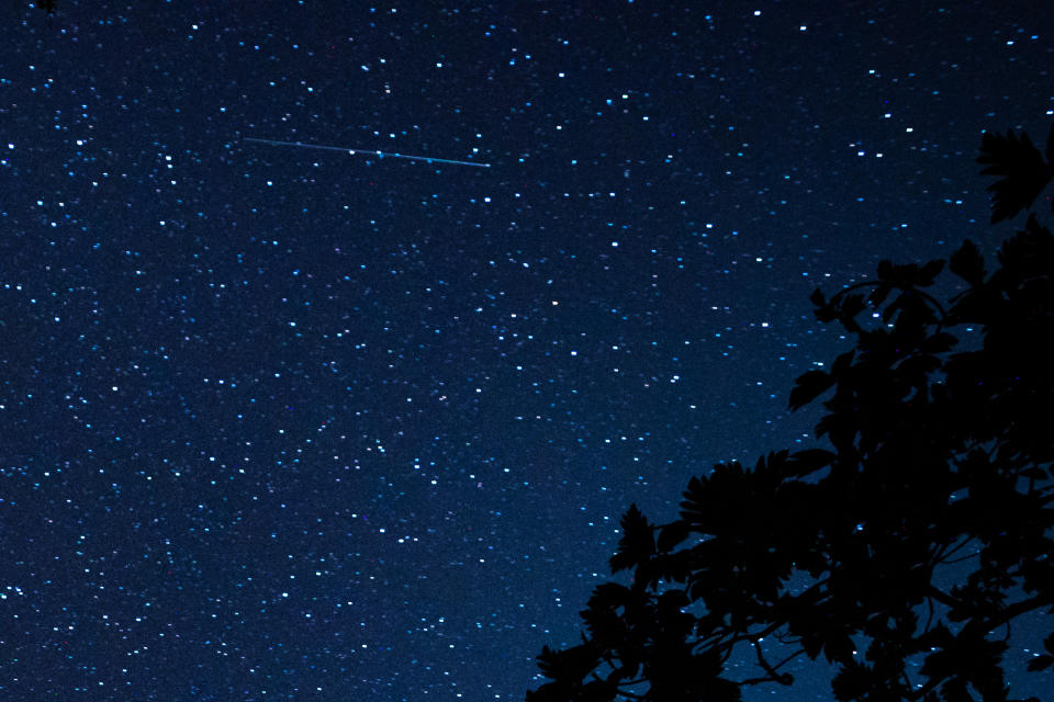 Annual Perseid meteor seen in the sky on Aug. 14, 2023, in Ratnapura, Sri Lanka.