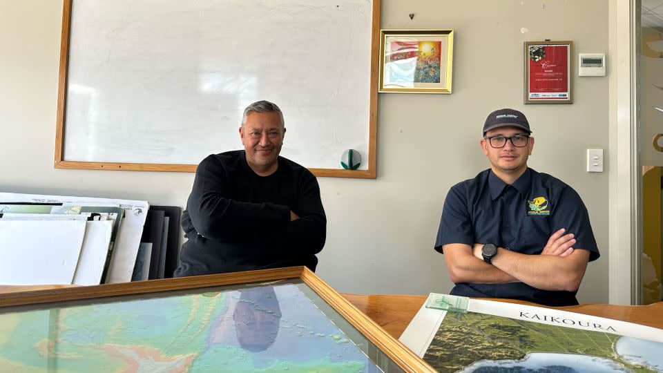 Thomas Kahu, left, and Wiremu Stone are both descendants of Paikea the whale rider and work for Whale Watch Kaikōura. - Alaa Elassar/CNN