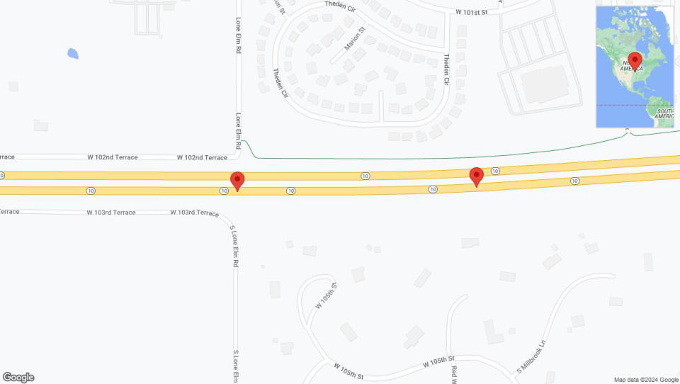 A detailed map that shows the affected road due to 'A crash has been reported on eastbound K-10' on August 11th at 12:39 a.m.