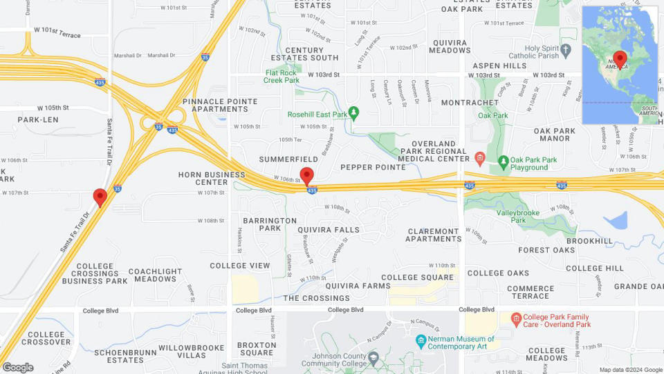 A detailed map that shows the affected road due to 'Drivers cautioned as heavy rain triggers traffic concerns on westbound US-50 West in Lenexa' on August 11th at 10:47 p.m.