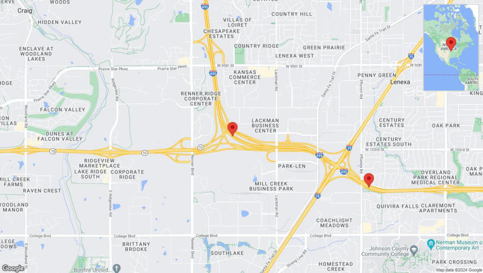 A detailed map that shows the affected road due to 'Drivers cautioned as heavy rain triggers traffic concerns on southbound I-435 in Lenexa' on August 11th at 10:41 p.m.